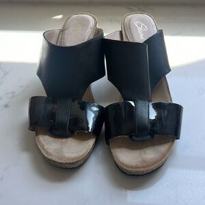 Black leather and patten leather wedges